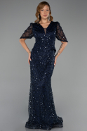 Robe de Soirée Grande Taille Longue Perlé Bleu Marine ABU6334