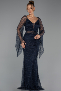 Robe de Soirée Longue Perlé Bleu Marine ABU6349