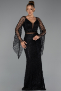 Robe de Soirée Longue Perlé Noir ABU6349