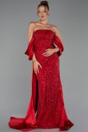 Robe de Soirée Longue Perlé Rouge ABU6351