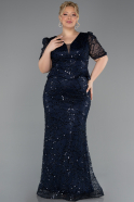 Robe de Soirée Grande Taille Longue Perlé Bleu Marine ABU6334