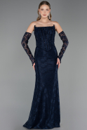 Robe de Soirée Longue Dantelle Bleu Marine ABU6375