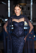 Robe de Soirée Longue Perlé Bleu Marine ABU6377
