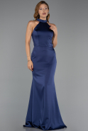 Robe de Soirée Longue Satin Bleu Marine ABU6406