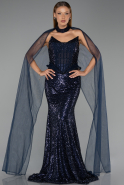 Robe de Soirée Longue Perlé Bleu Marine ABU6444