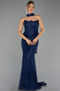 Robe de Soirée Longue Dantelle Bleu Marine ABU6487