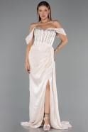 Robe de Soirée Longue Mousseline Beige ABU6496