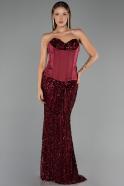 Robe de Soirée Longue Squameuse Rouge Bordeaux ABU6556