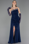 Robe de Soirée Longue Dantelle Bleu Marine ABU6562