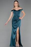 Robe Queue de Poisson Longue Satin Vert Pétrole ABU6574