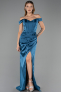 Robe de Soirée Longue Satin Bleu Pétrole ABU6574