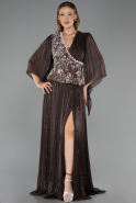 Robe De Soirée Grande Taille Longue Mousseline Brun ABU6619