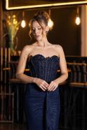 Robe de Soirée Longue Dantelle Bleu Marine ABU6639
