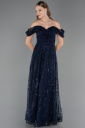 Robe de Soirée Longue Perlé Bleu Marine ABU6659