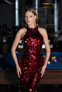 Robe de Soirée Longue Squameuse Rouge Bordeaux ABU6676