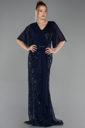 Robe de Soirée Grande Taille Longue Perlé Bleu Marine ABU6689