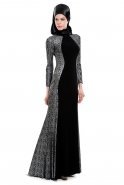 Robe De Soirée Hijab Noir-Gris M1431