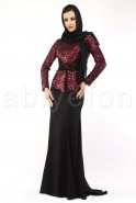 Robe De Soirée Hijab Noir-Bordeaux M1391