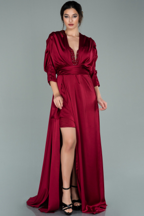 Robe de Soirée Longue Satin Rouge Bordeaux ABU2077