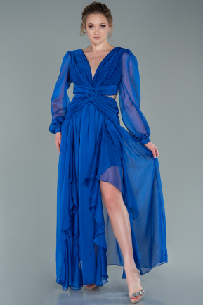 Robe de Soirée Longue Mousseline Bleu Saxe ABU405