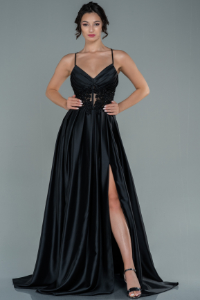 Robe de Soirée Longue Satin Noir ABU2583