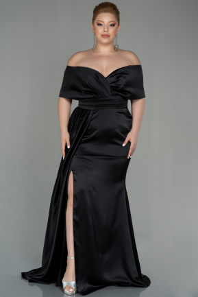 Robe Grande Taille Longue Satin Noir ABU2873