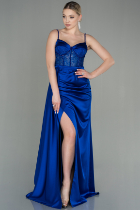 Saks Mavi Transparan Taşlı Uzun Saten Abiye Elbise ABU2130