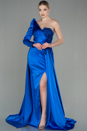 Robe De Soirée Satin Longue Bleu Saxe ABU2610