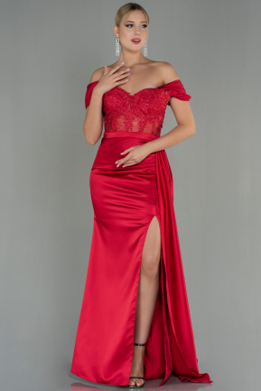 Robe De Soirée Satin Longue Rouge ABU2374