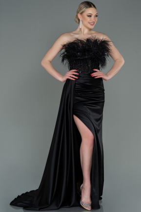 Robe de Soirée Longue Satin Noir ABU3091