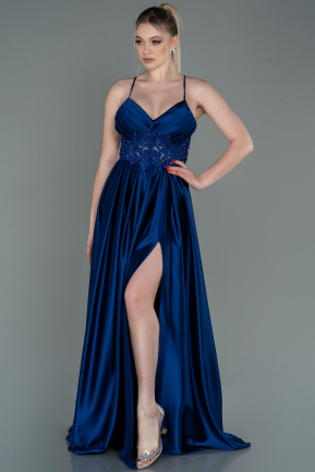 Robe De Soirée Satin Longue Bleu Saxe ABU2583