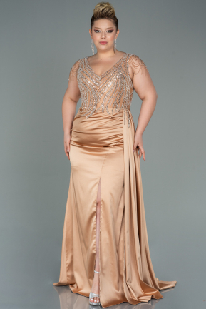 Long Gold Satin Plus Size Evening Dress ABU3169