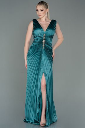 Robe de Soirée Longue Satin Vert Pétrole ABU3183