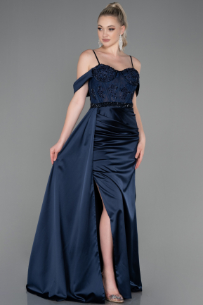 Robe de Soirée Longue Satin Bleu Marine ABU3227