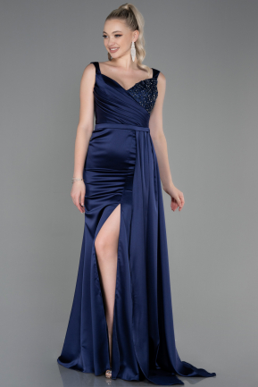 Robe de Soirée Longue Satin Bleu Marine ABU3235