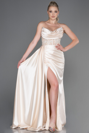 Robe De Soirée Satin Longue Beige ABU4287