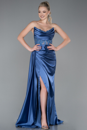 Robe De Soirée Satin Longue Indigo ABU4366