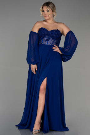 Sax Blue Long Chiffon Plus Size Evening Dress ABU3821