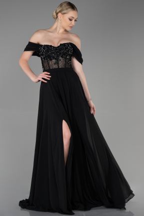 Robe de Soirée Longue Mousseline Noir ABU3310