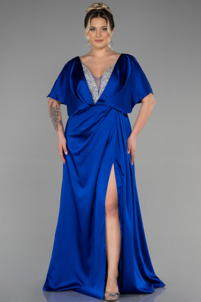 Robe De Fiançailles Grande Taille Longue Satin Bleu Saxe ABU3442