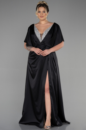 Long Black Satin Plus Size Engagement Dress ABU3442