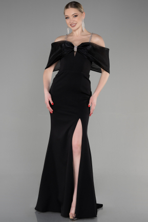 Siyah Fiyonk Tasarım Yırtmaçlı Uzun Abiye Elbise ABU3601