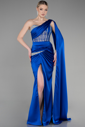 Robe de Soirée Longue Satin Bleu Saxe ABU3603