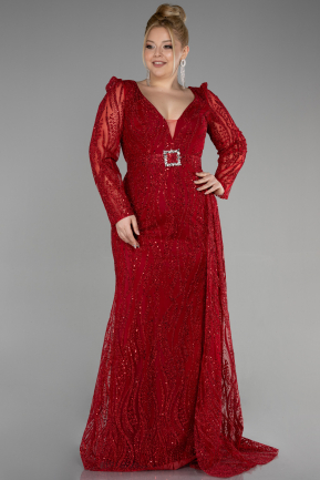 Kırmızı Uzun Kol Simli Büyük Beden Nişan Elbisesi ABU3562