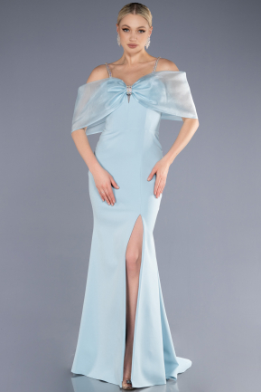 Buz Mavisi Fiyonk Tasarım Yırtmaçlı Uzun Abiye Elbise ABU3601