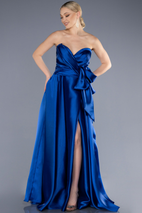 Robe de Soirée Longue Satin Bleu Saxe ABU3674