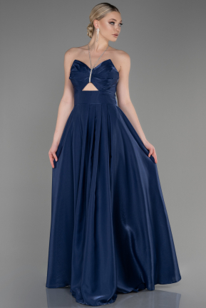 Long Navy Blue Satin Evening Dress ABU3755