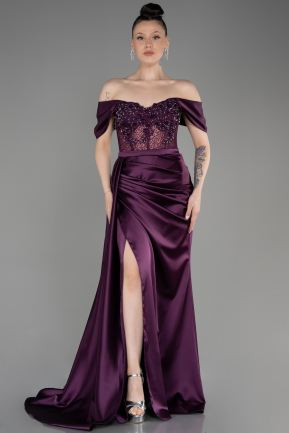 Robe De Soirée Satin Longue Violet Foncé ABU3682