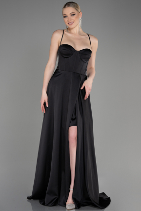 Long Black Satin Prom Gown ABU3809