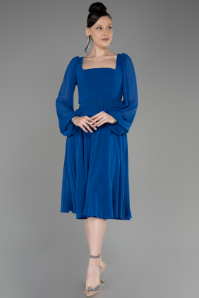 Sax Blue Long Sleeve Midi Chiffon Cocktail Dress ABK2026